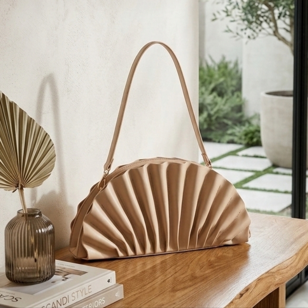 Lulus Purse Elegant Pleated Fan Purse- Beige / Nude – Detachable Strap - Picture 3 of 7